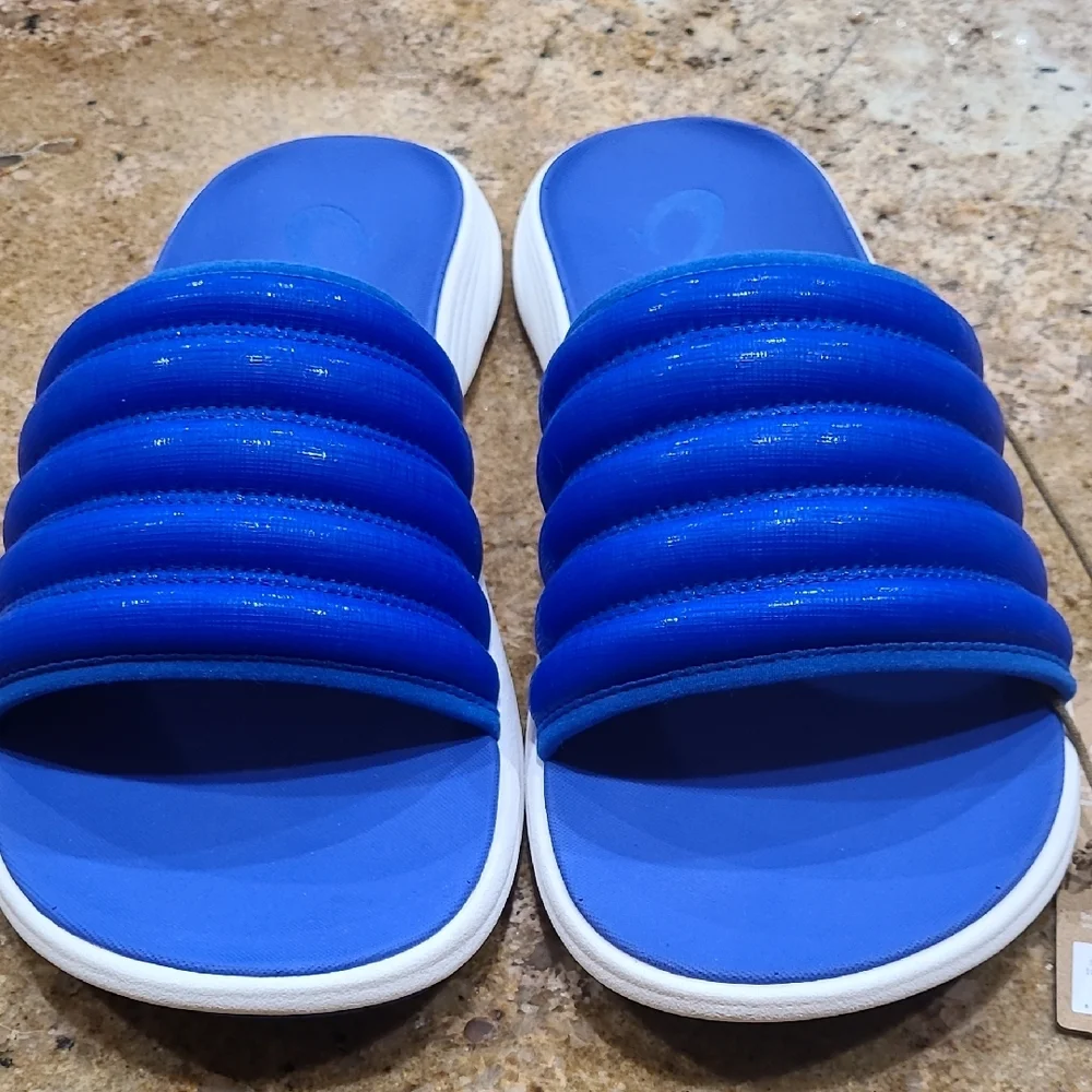 OluKai Blue Komo Slide Sunset Blue Sandals with White Accents NWT Size 14